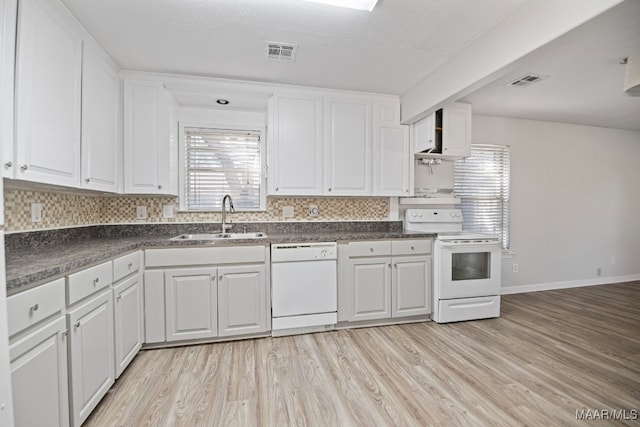 kitchen featuring light hardwood / wood-style floors, white cabinetry, white appliances, and sink