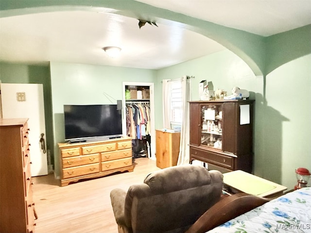 bedroom with a closet and light hardwood / wood-style flooring