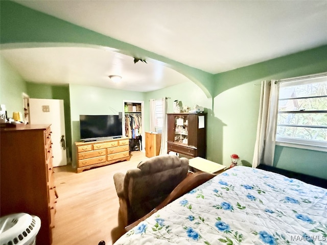 bedroom with light hardwood / wood-style floors, a spacious closet, and a closet