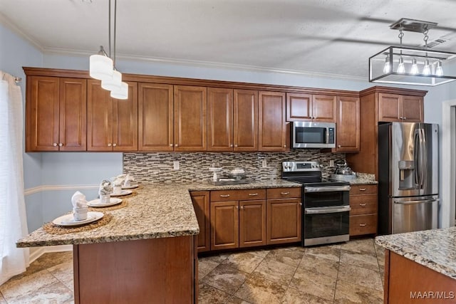 kitchen with appliances with stainless steel finishes, backsplash, light stone counters, crown molding, and pendant lighting