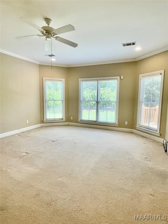 unfurnished room with a wealth of natural light, crown molding, and carpet floors