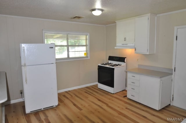 kitchen with white appliances, light hardwood / wood-style flooring, ornamental molding, a textured ceiling, and white cabinetry