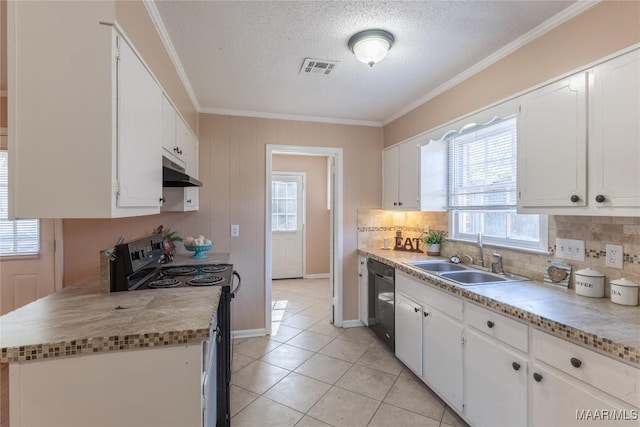 kitchen featuring decorative backsplash, sink, white cabinetry, and black appliances