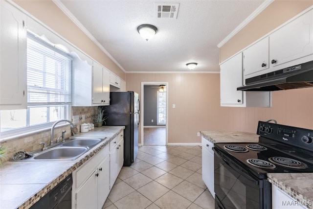 kitchen featuring black appliances, sink, decorative backsplash, ornamental molding, and white cabinetry