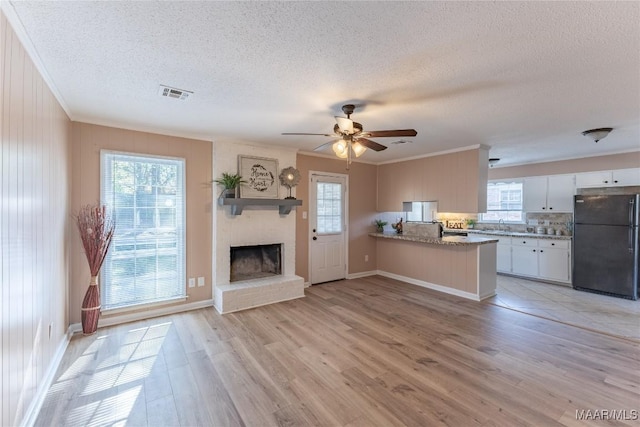 unfurnished living room featuring plenty of natural light, light wood-type flooring, and crown molding