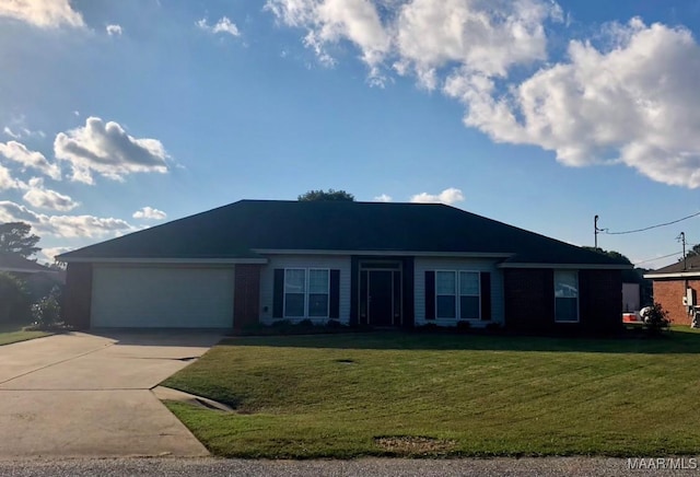 single story home with a garage and a front lawn