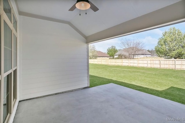 view of patio featuring ceiling fan and a fenced backyard