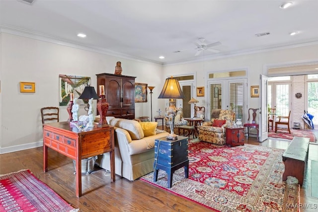 living room with french doors, ceiling fan, crown molding, and hardwood / wood-style floors