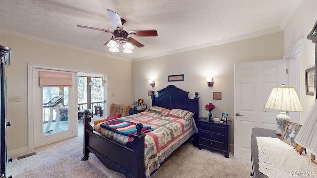 bedroom with ornamental molding, a textured ceiling, access to outside, light colored carpet, and ceiling fan