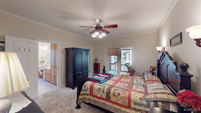 tiled bedroom with ensuite bathroom, crown molding, ceiling fan, access to exterior, and a textured ceiling