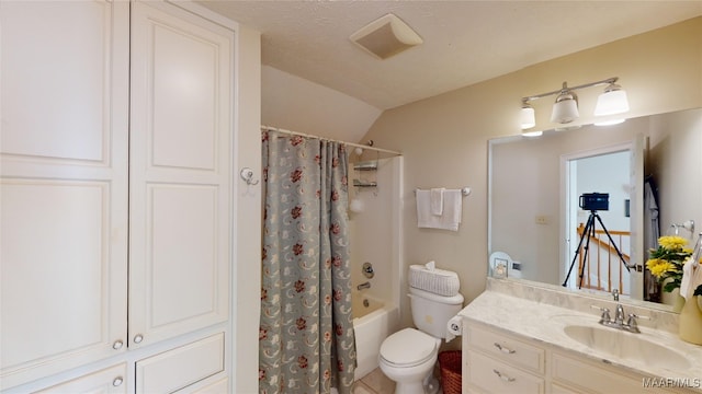 full bathroom featuring shower / bath combination with curtain, a textured ceiling, lofted ceiling, toilet, and vanity