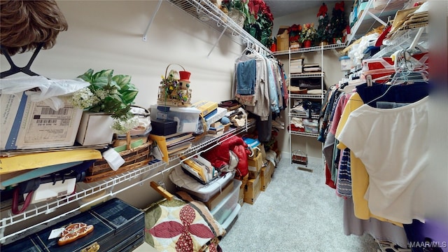 spacious closet featuring light colored carpet