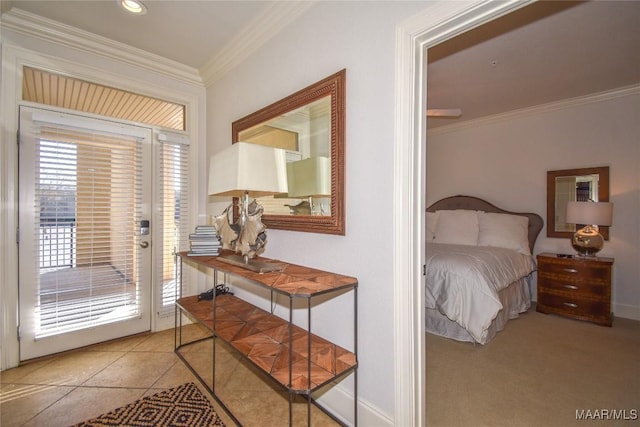 bedroom with access to exterior, ornamental molding, and light tile patterned floors