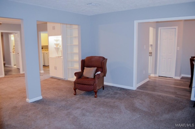 living area featuring carpet flooring and a textured ceiling