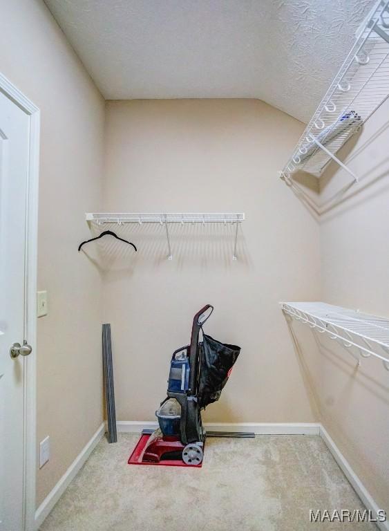 walk in closet featuring carpet floors and lofted ceiling