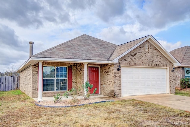 ranch-style home with a garage and a front lawn