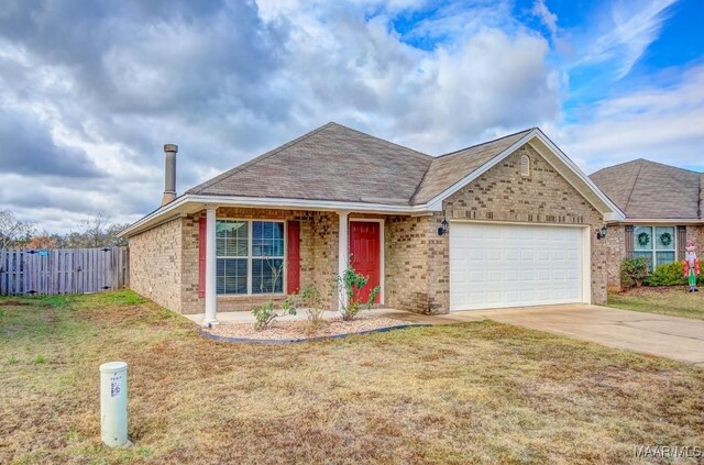 ranch-style house featuring a garage and a front yard