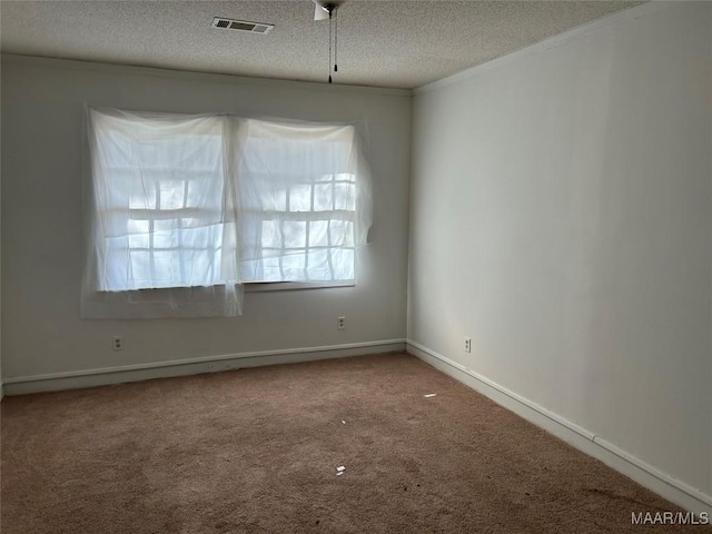 unfurnished room with carpet flooring and a textured ceiling