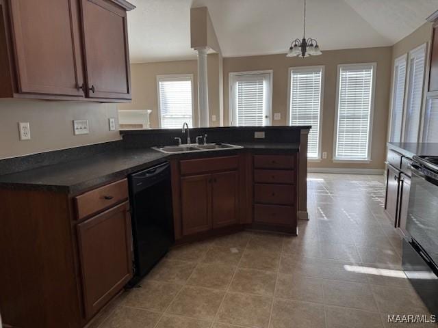 kitchen featuring kitchen peninsula, dishwasher, vaulted ceiling, and an inviting chandelier