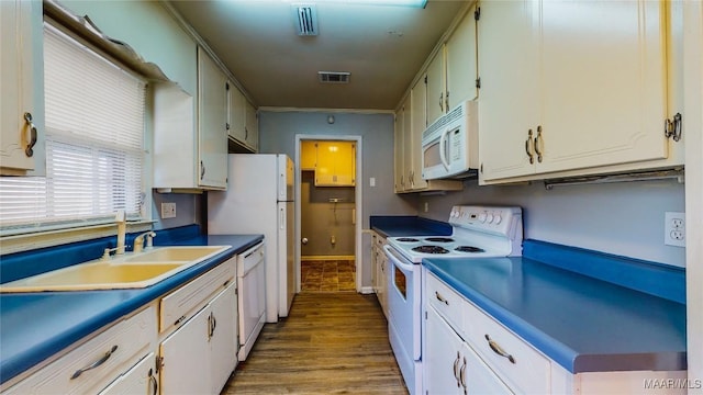 kitchen with sink, crown molding, light hardwood / wood-style floors, white appliances, and white cabinets