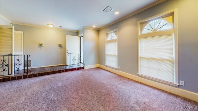 unfurnished room featuring carpet flooring and ornamental molding