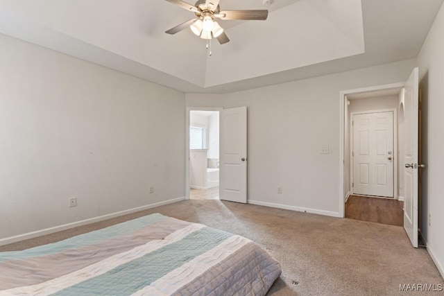 bedroom featuring light carpet and ceiling fan