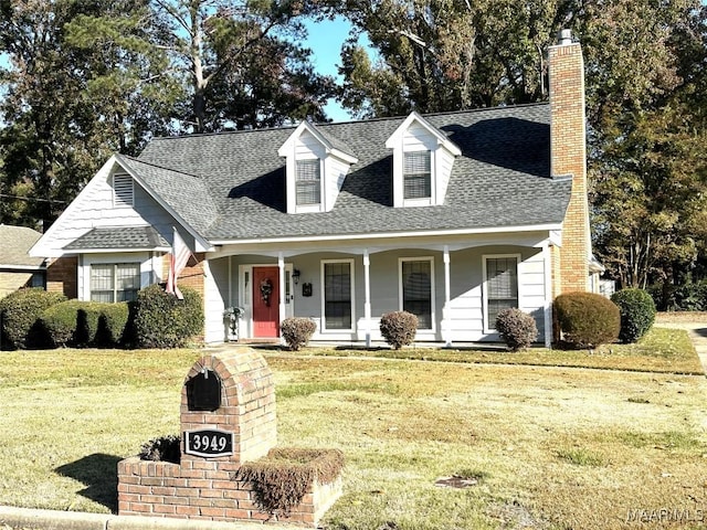 cape cod home featuring a porch and a front lawn