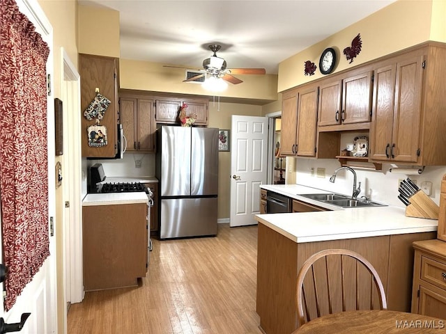 kitchen with sink, ceiling fan, light hardwood / wood-style floors, kitchen peninsula, and stainless steel appliances