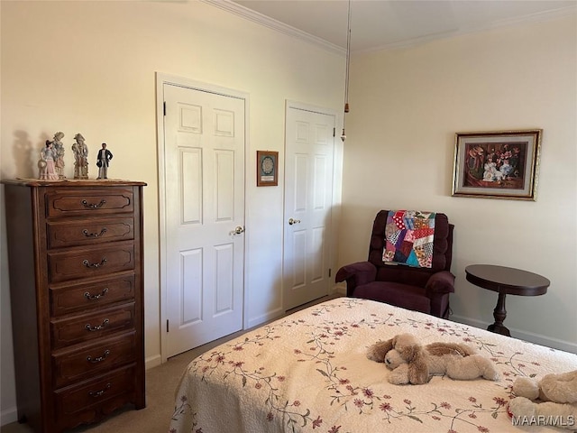 bedroom featuring light carpet and ornamental molding