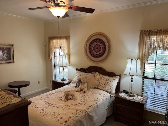 bedroom with carpet flooring, crown molding, and ceiling fan