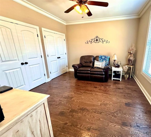 living room featuring ceiling fan, crown molding, and dark wood-type flooring