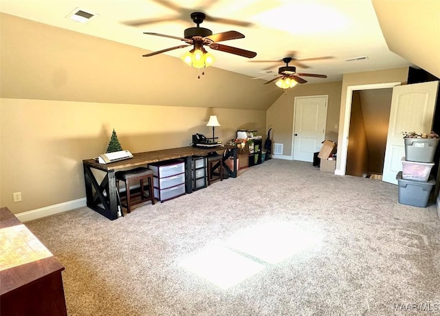 bonus room with carpet flooring, ceiling fan, and lofted ceiling