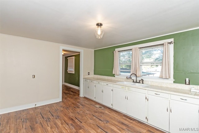 kitchen featuring white cabinets, hardwood / wood-style flooring, and sink