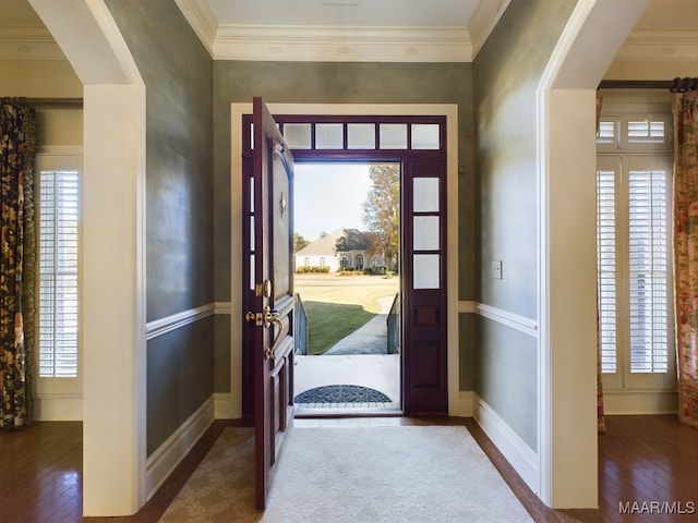 foyer entrance featuring crown molding and dark hardwood / wood-style floors