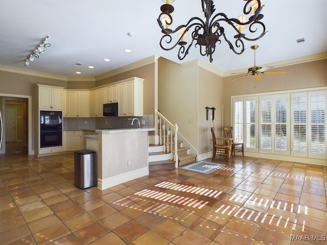 kitchen with backsplash, rail lighting, ornamental molding, and black appliances