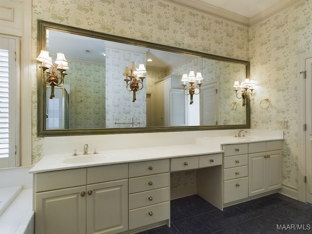 bathroom with vanity, tile patterned floors, a bathtub, and crown molding