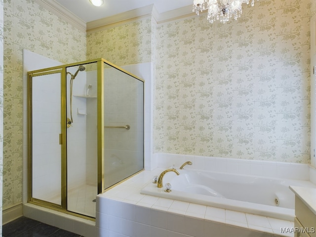 bathroom featuring tile patterned flooring, a notable chandelier, separate shower and tub, vanity, and ornamental molding