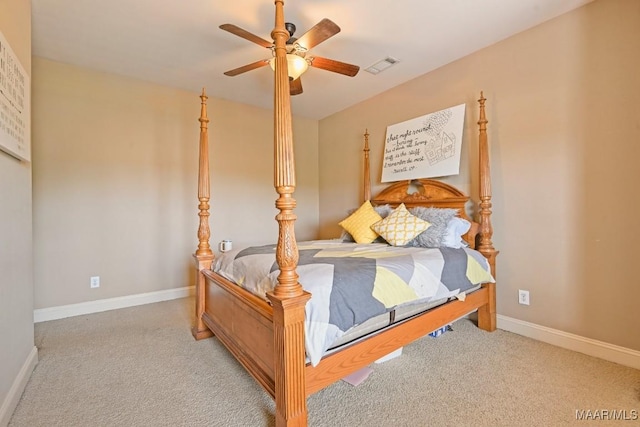 bedroom with light colored carpet and ceiling fan