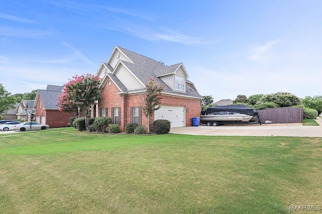 view of home's exterior with a garage and a lawn