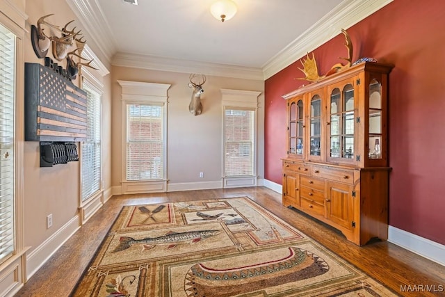 living area with hardwood / wood-style floors and crown molding