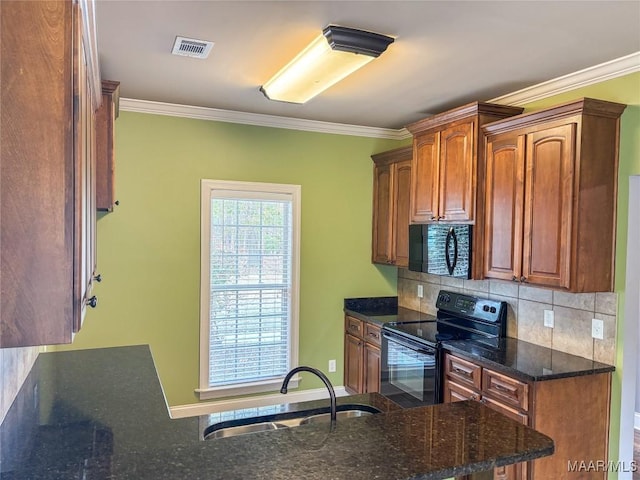 kitchen with sink, dark stone counters, ornamental molding, and black appliances