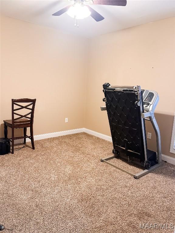 exercise room with ceiling fan and carpet floors