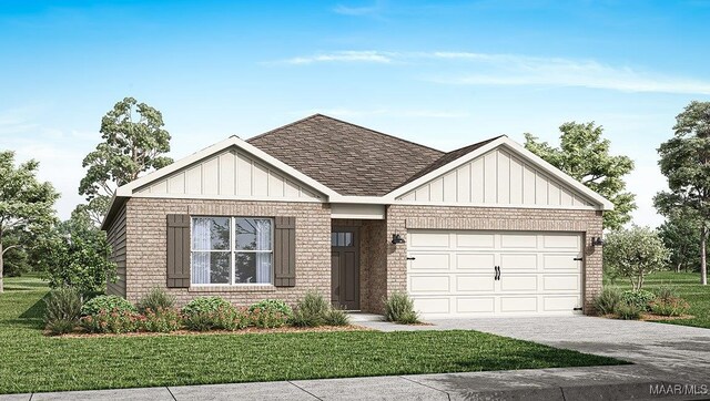 view of front of home with a garage and a front lawn