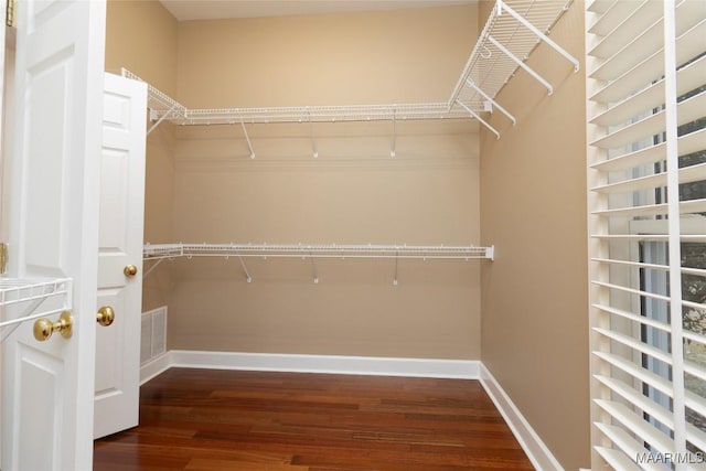 spacious closet with dark wood-type flooring