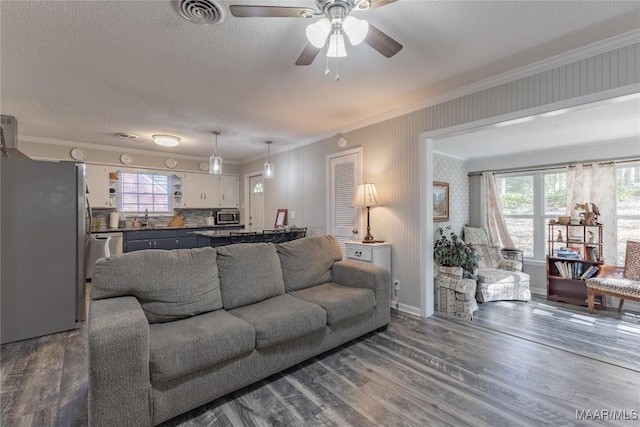 living room featuring ornamental molding, dark wood-type flooring, a healthy amount of sunlight, and sink