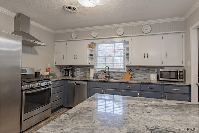 kitchen with white cabinets, appliances with stainless steel finishes, wall chimney exhaust hood, and sink