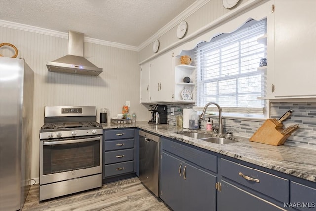 kitchen with white cabinets, wall chimney range hood, sink, appliances with stainless steel finishes, and tasteful backsplash