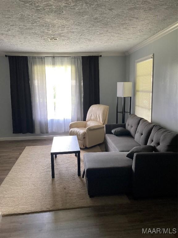 living room featuring hardwood / wood-style floors, a textured ceiling, and crown molding