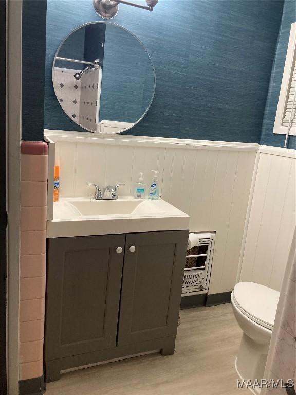 bathroom with hardwood / wood-style floors, vanity, and toilet