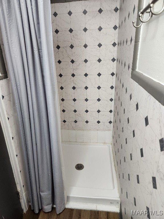 bathroom with hardwood / wood-style flooring and walk in shower